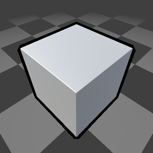 A beveled cube with a classic outline shader applied