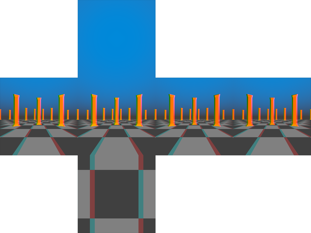 A stereoscopic cubemap created with cameras rotating around a central point in horizontal cross format, visualized as an anaglyph