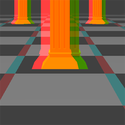 A detail of the back face of a fixed-camera stereoscopic cubemap visualized as an anaglyph