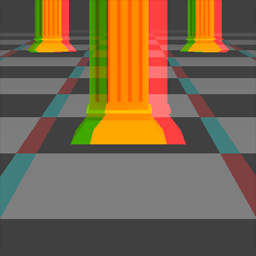A detail of the forward face of a fixed-camera stereoscopic cubemap visualized as an anaglyph