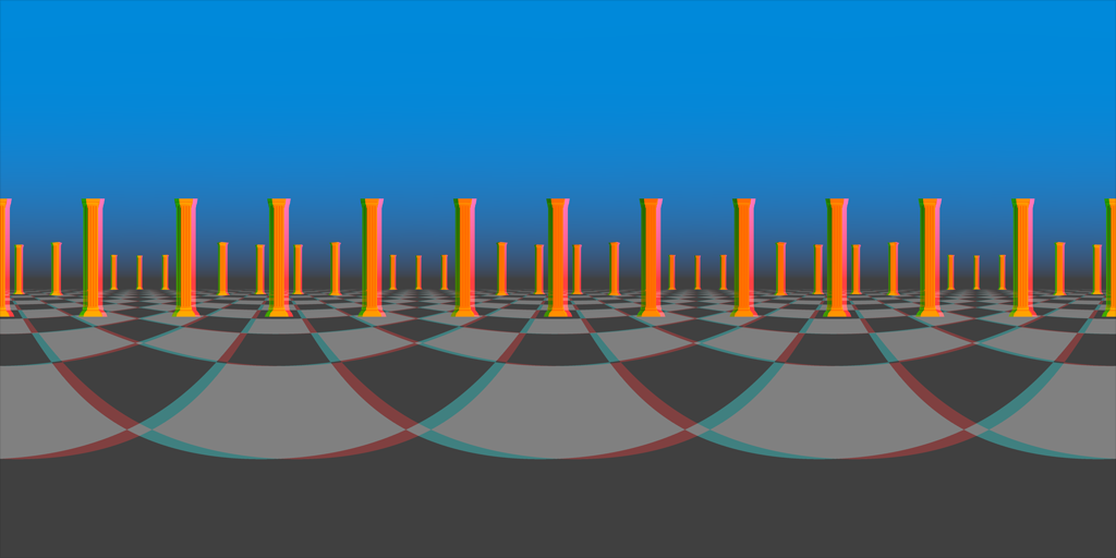 A stereoscopic equirectangular panorama visualized as an anaglyph