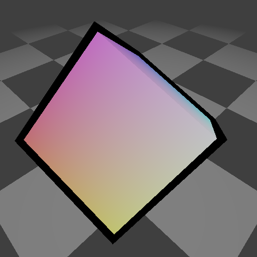 A cube with a classic outline shader, viewed at a grazing angle.