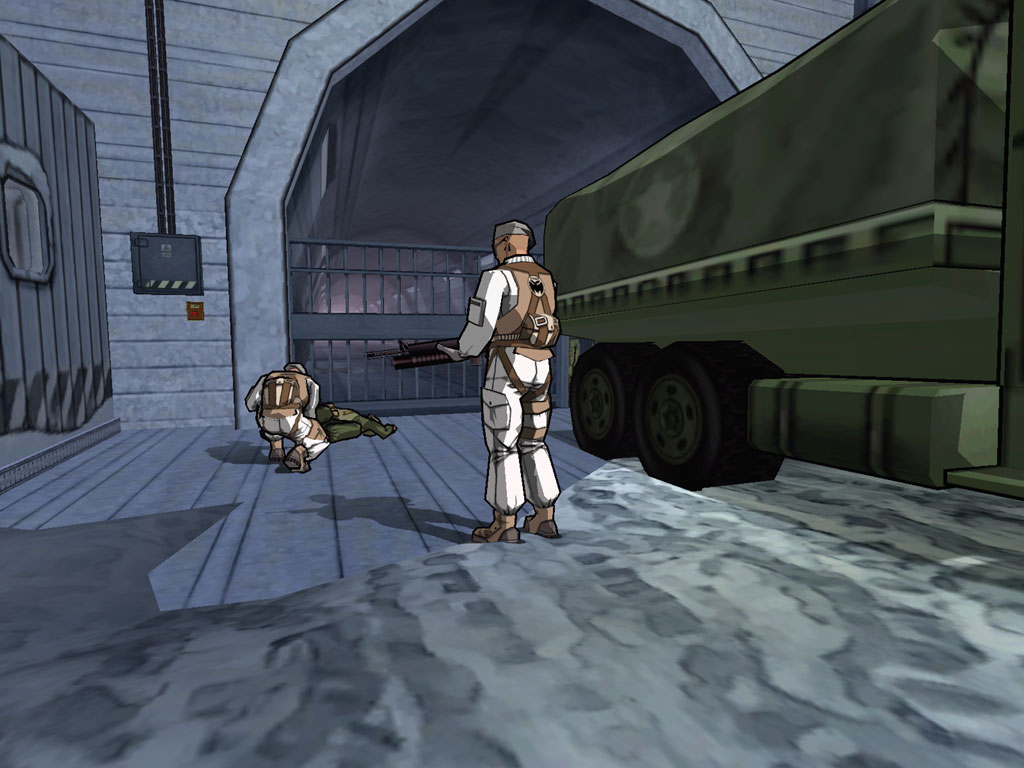 A screenshot of cel-shaded characters with black outlines.